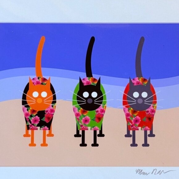 Beach Cats Art Print Tropical Wall Decor Whimsical Signed Modern Pop Artwork Cat - Picture 4 of 8